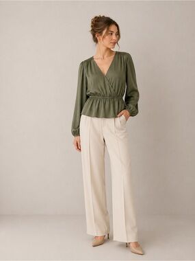 Banana Republic Olive Green Wrap Peplum Blouse Long Sleeve Draped Top M